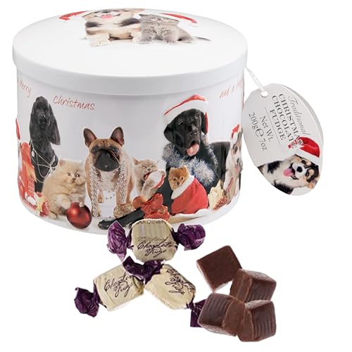 Gardiners of Scotland Handmade Fudge, Christmas Cats & Dogs Chocolate Fudge 7 Ounce Round Tin