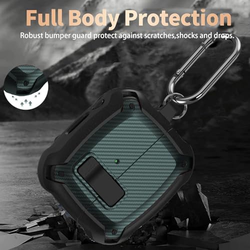 Image of Galaxy Buds 3 Pro /3 /3 FE Case Cover with Secure Lock Clip, Shockproof Samsung Galaxy Buds3 /3 Pro 2024 /3 FE 2025 Protective Hard Cover Shell with Carabiner&Cleaner kit for Men Women, CF Black /Green