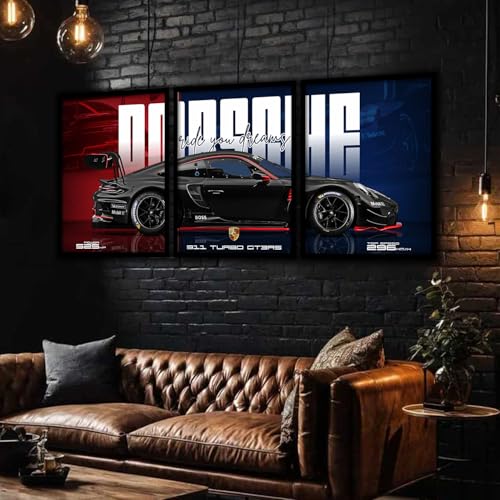 Image of ARTELLY Big Porsche 911 GT3rs Sports Car Framed Wall Posters, Set of 3, Premium Framed Painting, Living Room Bedroom Decoration, Large Size Gift Item for Boys Room Decor (Porsche 4, 19x25 inch)