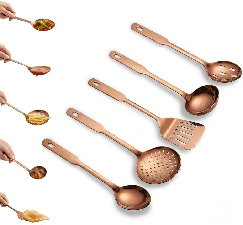 Amco 5-Piece Stainless Steel Cooking Utensil Set, Copper Finish - Includes Kitchen Ladle, Slotted Turner, Skimmer, Solid Spoons - 14" with Hanging Holes for Easy Storage, Durable Kitchen Gadgets