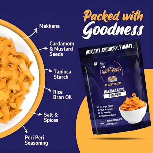 Image of Evolve Makhana Chips Healthy Snacks for Kids, Adults, Gluten Free, Low Calorie, No Palm Oil, Vacuum Fried, Peri Peri Flavor - 100g Pack of 6
