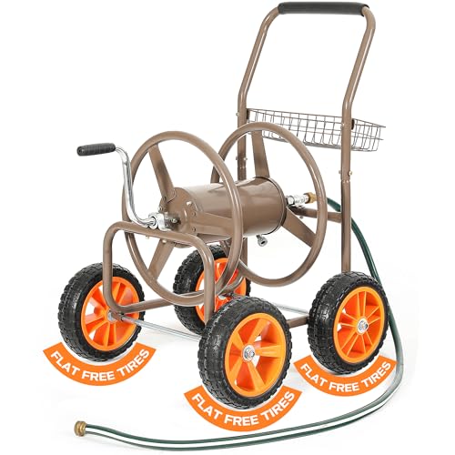 2026 Upgraded Hose Reel Cart with 10' NO-FLAT TIRES, 250FT 5/8' Heavy-Duty Steel Frame, Easy-Rolling All-Terrain Mobility for Tangle-Free Garden Hose Storage, Lawn Yard
