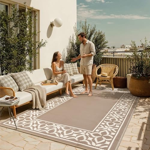 Outdoor Plastic Straw Rug Brown/Beige Large Outside Waterproof Outdoor Patio 5x8 Carpet Geometric Reversible Mat Modern for Camping RV Porch Deck Balc