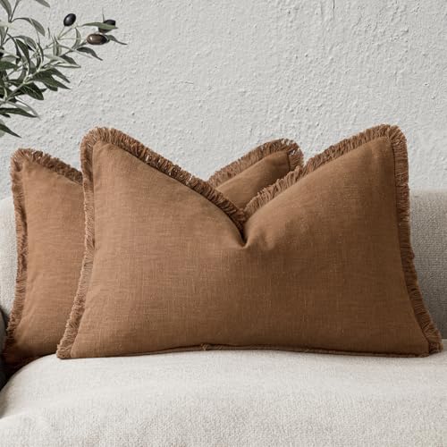 Image of Foindtower Set of 2 Decorative Linen Fringe Throw Pillow Covers Cozy Farmhouse Cushion Cover with Tassels Lumbar Accent Pillowcase for Couch Bed Living Room Home Bedroom Decor, 12x24 Inch,Orange Brown