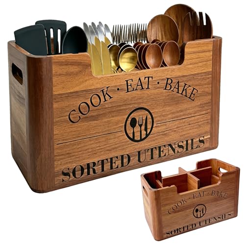 NDNTO Upgraded Acacia Wood Kitchen Utensil Holder, Large Farmhouse Countertop Wooden Cooking Organizer with 3 DIY Storage Modes, Rustic Container for Counter, Island & Dining Room