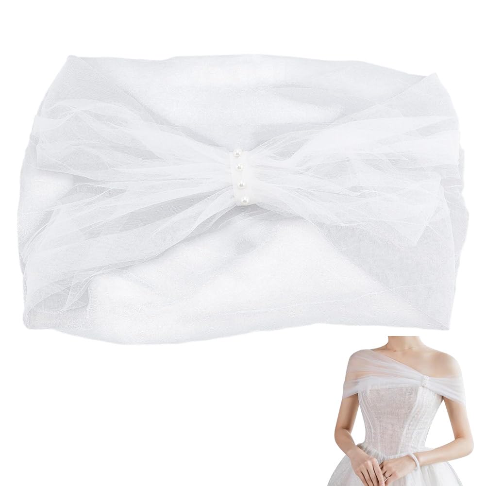 GORGECRAFT Mantelli da Sposa per Matrimonio Perle Finte Strass Mantelle da Sera Scialle Coprispalle Spalle Corte Mantello Sciarpa Scialle in Tulle con Perline Abiti Balli di Fine Anno Bianco 47x49cm