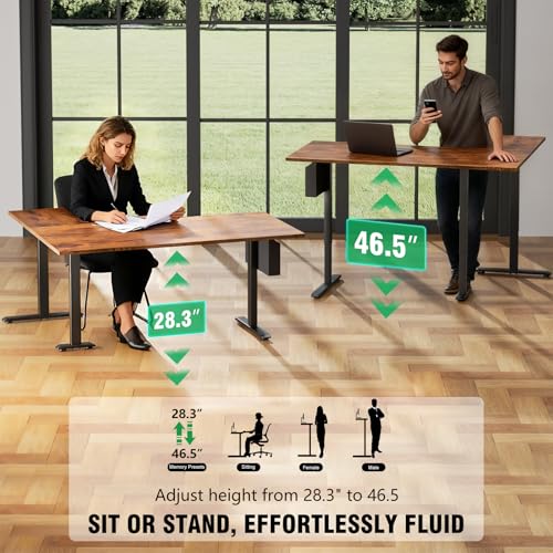 Image of Korfile L Shaped Electric Standing Desk, 63 inch Adjustable Height Sit to Stand Corner Desk with Memory Presets, Reversible Computer Table for Home Office, Work and Study, Rustic Brown