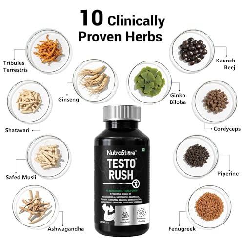 Image of NutraStore TestoRush | Testosterone Supplement for Men | Blend of 10 Powerful Herbs Including Ashwagandha, Safed Musli, Ginseng, Tribulus & Cordyceps | Energy Booster & Stamina Booster for Men | Daily Health Supplement | 120 tablets
