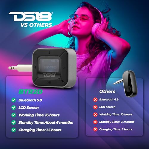 Image of DS18 BTR2D 2 in-1 Wireless Bluetooth 5.0 Transmitter Receiver for Car, Home, TV, PC, Headphones - Dual Devices Simultaneously - up to 12HR Usage - Wireless Audio Adapter 3.5mm Aux with LCD Screen