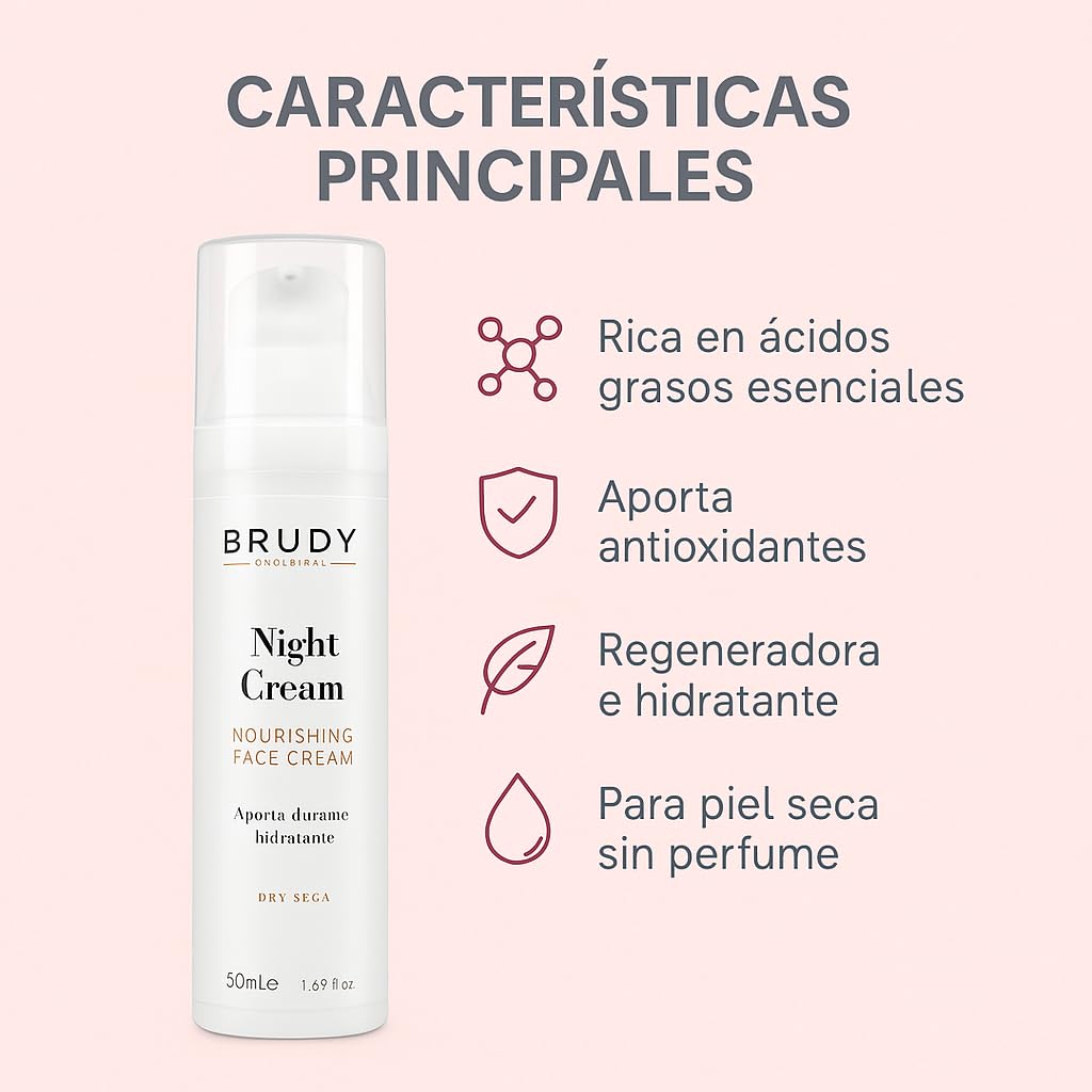 BRUDY COSMETICS - Crema Facial de Noche para Piel Seca – Hidratación y Nutrición Intensiva con Ácido Hialurónico, Neuvachiol y Aceites Vegetales – Rápida Absorción - Vegano - 50 ml