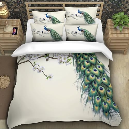 Housse de couette 140x200cm paon perché 3d en microfibre résistante avec fermeture éclair