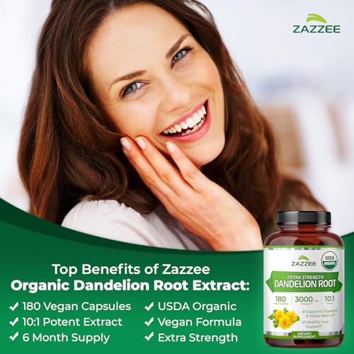 Image of Zazzee USDA Organic Dandelion Root 10:1 Extract, 180 Capsules | 6 Month Supply, Liver & Detox Support, Taraxacum Officinale, Organic Herbal Supplement, All-Natural, Non-GMO, Made in the USA