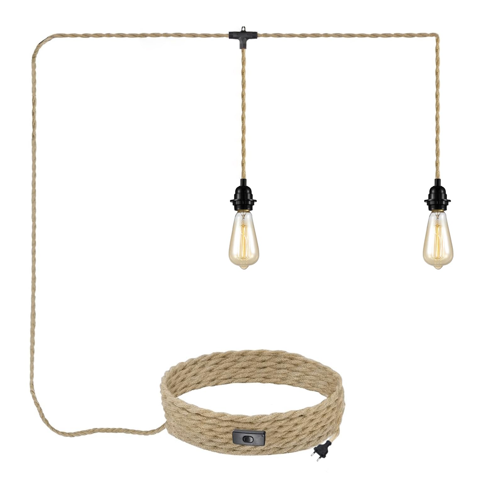 Hanfseil Pendelleuchte mit Stecker 2 Flammig E27 Fassung mit 6M Textilkabel Pendellampe Kit mit Schalten und Eu Stecken Vintage Seil Lampe DIY Hängeleuchte für Esszimmer Schlafzimmer