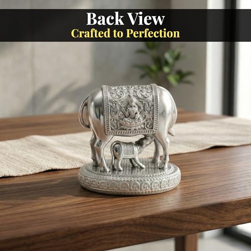 Image of 999 Pure Silver Plated Kamdhenu Cow Idol - 3.5 Inch Auspicious Vastu Home Decor for Pooja Room and Mandir - Sacred Symbol of Prosperity, Abundance and Luck - Ideal Religious