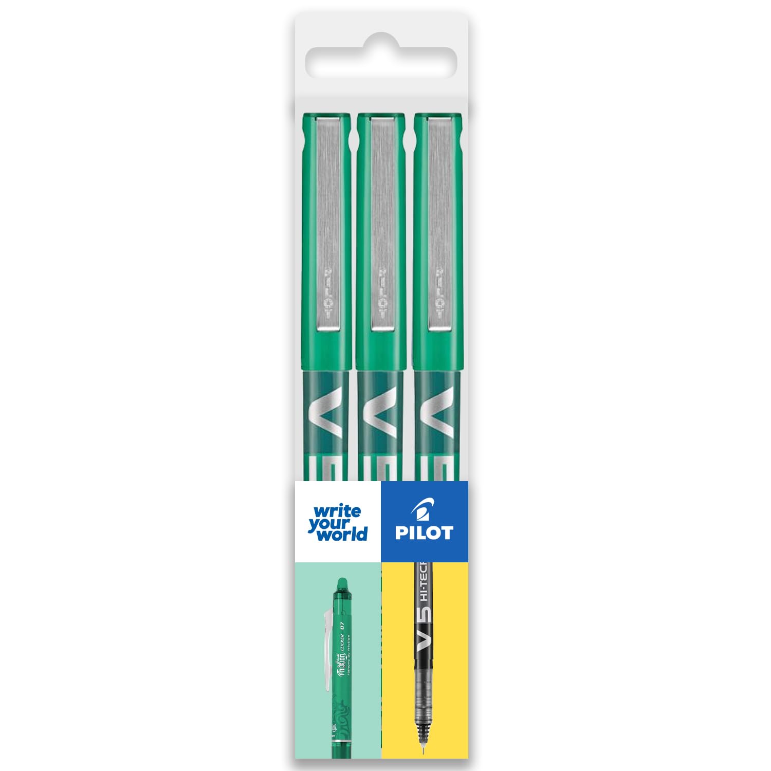 PILOT V5 Hi-Tecpoint Rollerball Pen - Fine 0.5mm Nib - In Envelope Gift Packaging - Pack of 3 (Green)