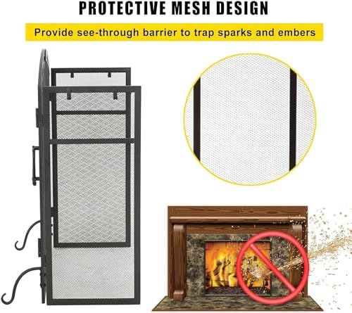 Pantalla de chimenea BTURYT de servicio pesado diseño elegante de 3 paneles con ganchos 5