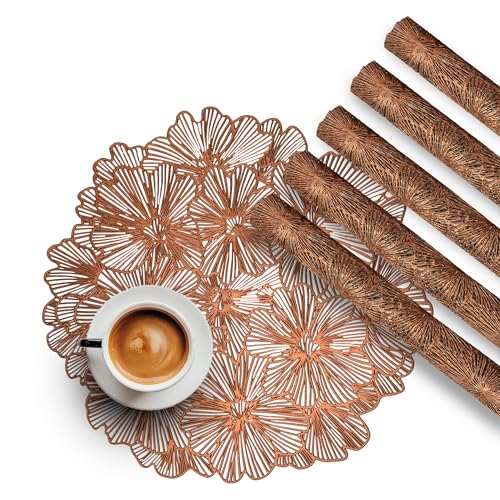 Image of Kuber Industries Leather Table Mats Set of 6 | Washable Placemat /Dining Table Mat for Wedding and Family Functions | Flower Round Design - Copper