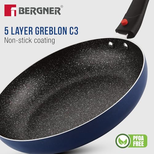 Image of Bergner Sherry Plus 5-Layer Non-Stick Coating 6 Pcs Cookware Set with Induction Bottom and Detachable Handle, 24cm /2.5L Kadai with Lid, 24cm /1.6L Frypan, 25cm Dosa Tawa, 2 Nylon Spatulas (Navy Blue)