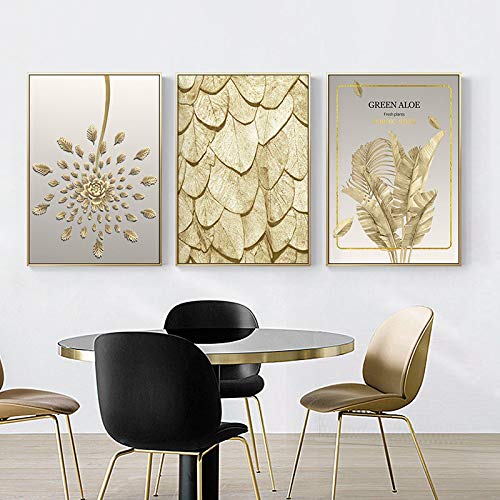 Toile nordique plante dorée 70x100cm : triptyque mural moderne pour grand salon sans cadre