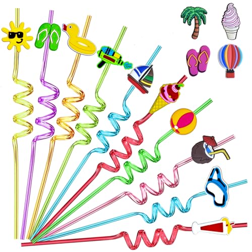 28pcs Pool Party Themed Reusable Crazy straws,Summer Beach Party Decoration Party Supplies Silly Straws,14 Design Pool Party Favors With 2 Cleaning Brushes 8 Color Straws