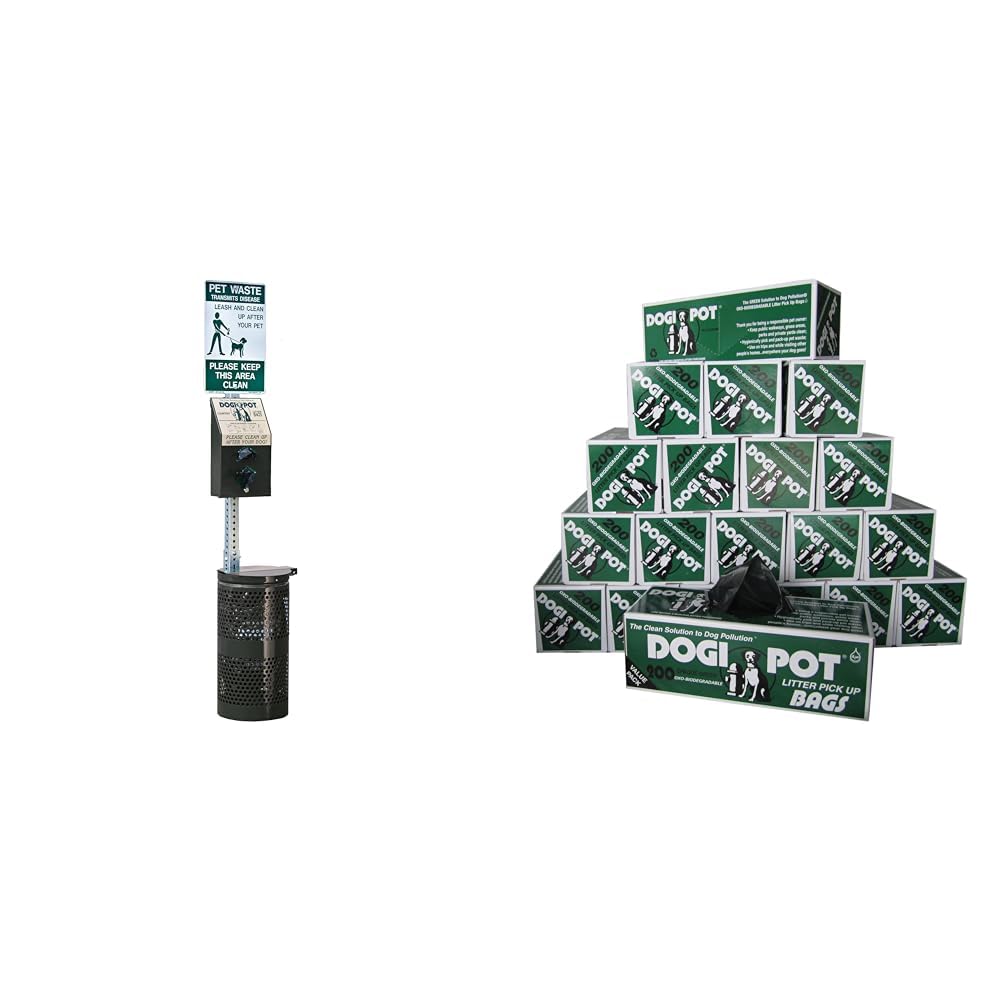 DOGIPOT 1003-L Pet Station with Sign, Dispenser, Receptacle, Litter Bag Rolls, Trash Bags and 20 Roll Case with 4000 Pick Up Bags