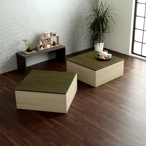 イケヒコ システム 置き畳 い草 正方形 段ボール一式 2セット 小上がり段ボール(木目ホワイト) 美畳 グリーン 約70×70×29.5cm 高さ約29.5cm 国産段ボール使用 和室 ライフスタイル 変化 組立 連結 簡単 軽くて丈夫 エコ 1年中使え