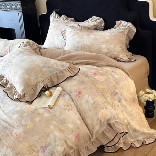 VM VOUGEMARKET Girls Flower Duvet Cover Set Twin Breathable Muslin Cotton Romantic Ruffle Duvet Cover with Zipper Closure Soft Linen Like Gauze Bedding Set-68"x86"
