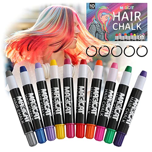 Magicat SET 10 pennarelli gessetti colore per capelli e 5 elastici, Gesso colorato non tossici e lavabili, regalo per Halloween e Carnevale