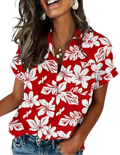 Zeagoo Womens Button Down Shirt Short Sleeve Top Summer Floral Beach Blouse Tropical Hawaiian Outfits Red White M