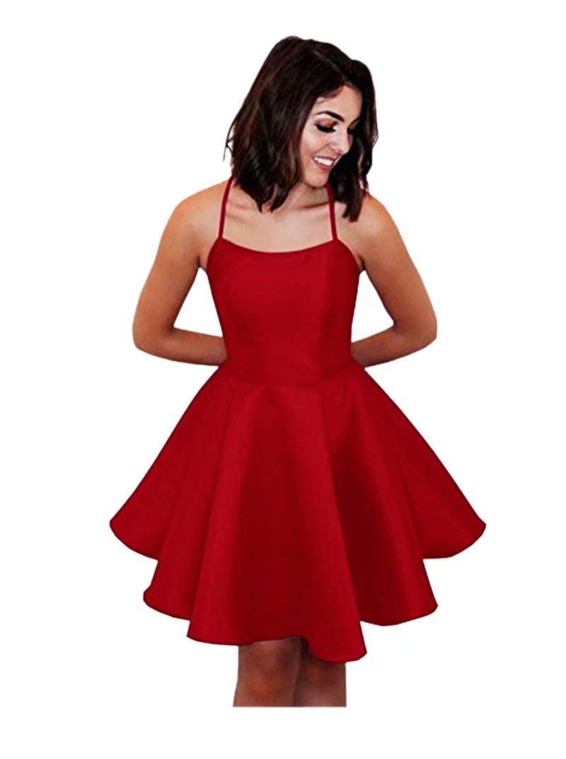 Andybridal 2019 Cute Ball Gown Spaghetti Straps Scoop Neck Open Back Satin Short Homecoming Dress