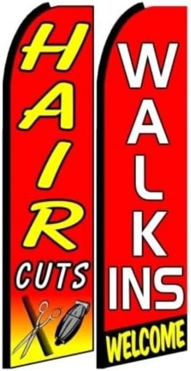 Hair Cuts Walk-Ins Welcome King Flags – Pack of 2 | 3 ft x 11.5 ft Outdoor Advertising Flags | Weatherproof Polyester Barber Shop Banners (Hardware Not Included)