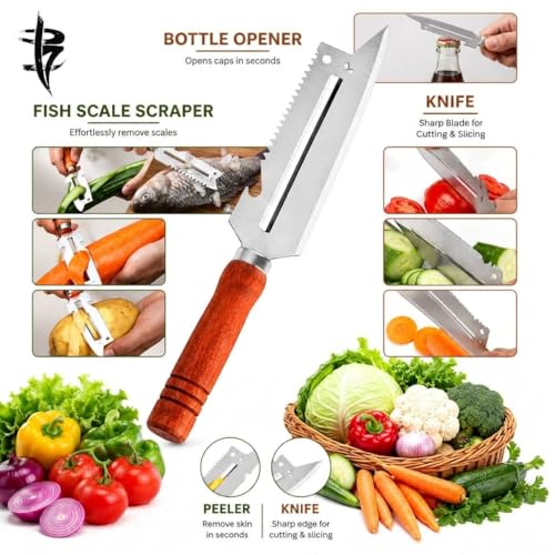 Image of Stainless Steel Vegetable Peeler with Wooden Handle - Sharp Fruit & Vegetable Peeler with Bottle Opener