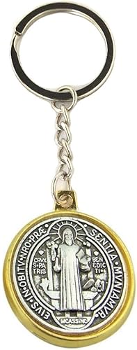 Llavero de San Benito en tono dorado San Benito Medalla Regalo, Tonificado plateado y dorado