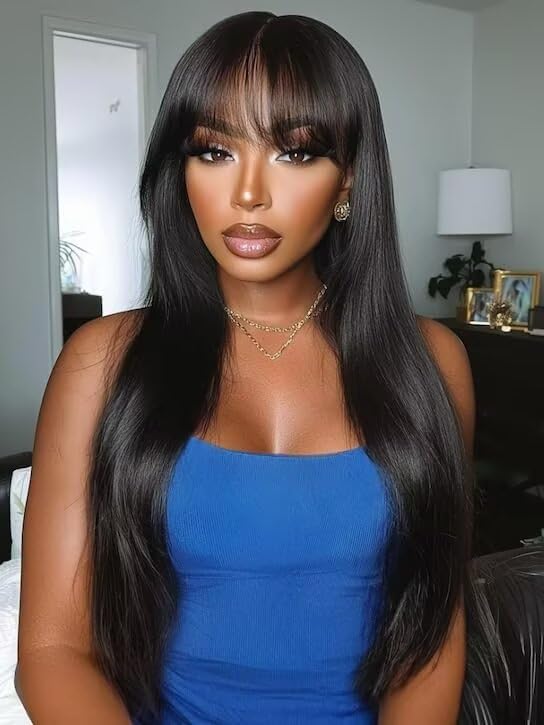 Human Hair Wigs with Bangs Straight Glueless Wig Machine Made Brazilian Virgin Wear and Go No Lace Front Hair Wigs for Black Women 16 Inch - Image 2