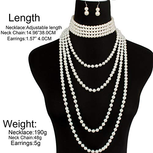 1920S Multilayer Simulated Faux Pearl Strands Necklace Costume Jewelry Set For Women Girls Necklace Earrings Set #TOP1