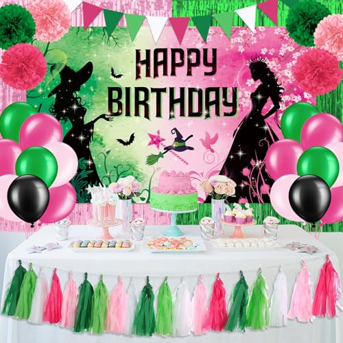 Pink and Green Birthday Party Decorations Witch Themed Happy Birthday Backdrop Banner Balloons Paper Pom Poms Paper Tassel Foil Fringe Curtains for Girls Princess Birthday Party Supplies Decorations
