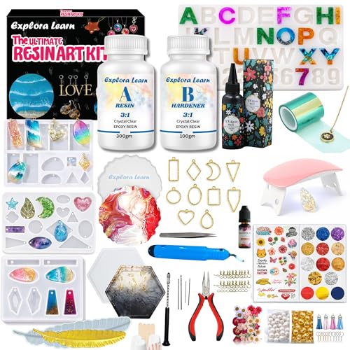 Image of exploralearn Premium Ultra Epoxy Resin Art Kit - Epoxy Resin (400gm) + UV Resin (50gm) | Complete DIY Jewellery Making Kit with Moulds, Tools, Pigments, Glitters & Accessories for Beginners & Adults