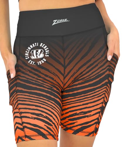 Zubaz NFL Women's 7" Zebra Fade High Waist Powermesh Bike Shorts with Pockets - Cincinnati Bengals, X-Small