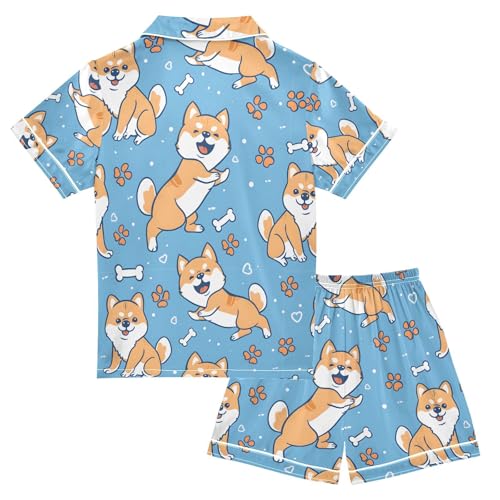 ALAZA Puppy Dog Paw Print Bones Blue Pajamas Satin Pajama Set Short Sleeve Button Down Sleepwear2
