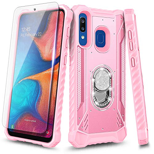 E-Began Case for Samsung Galaxy A20/A30/A50/A30s/A50s with Tempered Glass Screen Protector, Aluminum Metal Built-in Magnetic Diamond Ring Holder Stand, Full-Body Shockproof Protective Phone Case -Pink