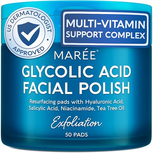 MAREE Glycolic Acid Pads - Toner Pads for Face Cleansing - Exfoliating Pad with Tea Tree Oil, Salicylic Acid & Vitamins E, B3, B5 - Acne Clearing, Skin Pore Resurfacing & Radiance Device - 50 Count