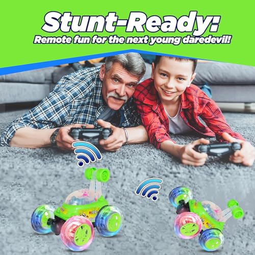 Image of Pink 360 Rotating Stunt Car Toy for Kids - LED Light Up Off-Road RC Vehicle with Flip & Spin Action, Rechargeable Electric Remote Control Car for Girls, Boys, Toddlers (RC 360 (Green))