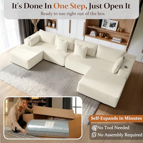 Image of 138 inch Cloud Sectional Couch, Comfort U Shaped Sofa for Living Room, Extra Deep Seats No Assembly, Minimalist Modular Couch, Corduroy (Cream, 6 Seats,U-Shape A)