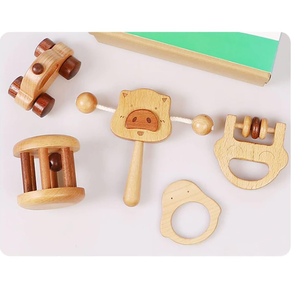 Montessori Holz-Babys-Spielzeugset, Greifspielzeug aus natürlichem Buchenholz, Beiß- und Sinnes-Spielzeug, frühpädagogisches Spielzeug (5 Stück)
