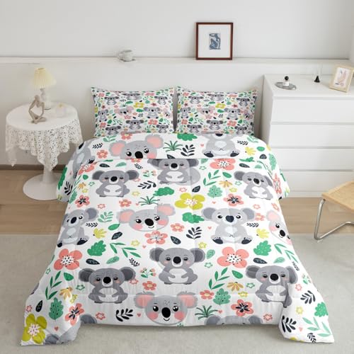 Image of Feelyou Cute Koala Bear Comforter Set Queen Size, Cartoon Koala Comforter Botanical Leaves and Flowers Comforter Set for Kids Kawaii Animals Duvet Set Microfiber Quilt Set