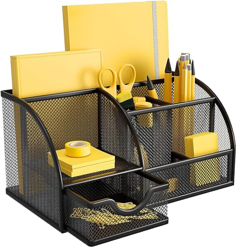 Image of Homaxa Desk Organizer 7 Compartment Metal Mesh Stationary Holder For Pencil Pen & Other Office Home School Accessories (Black)