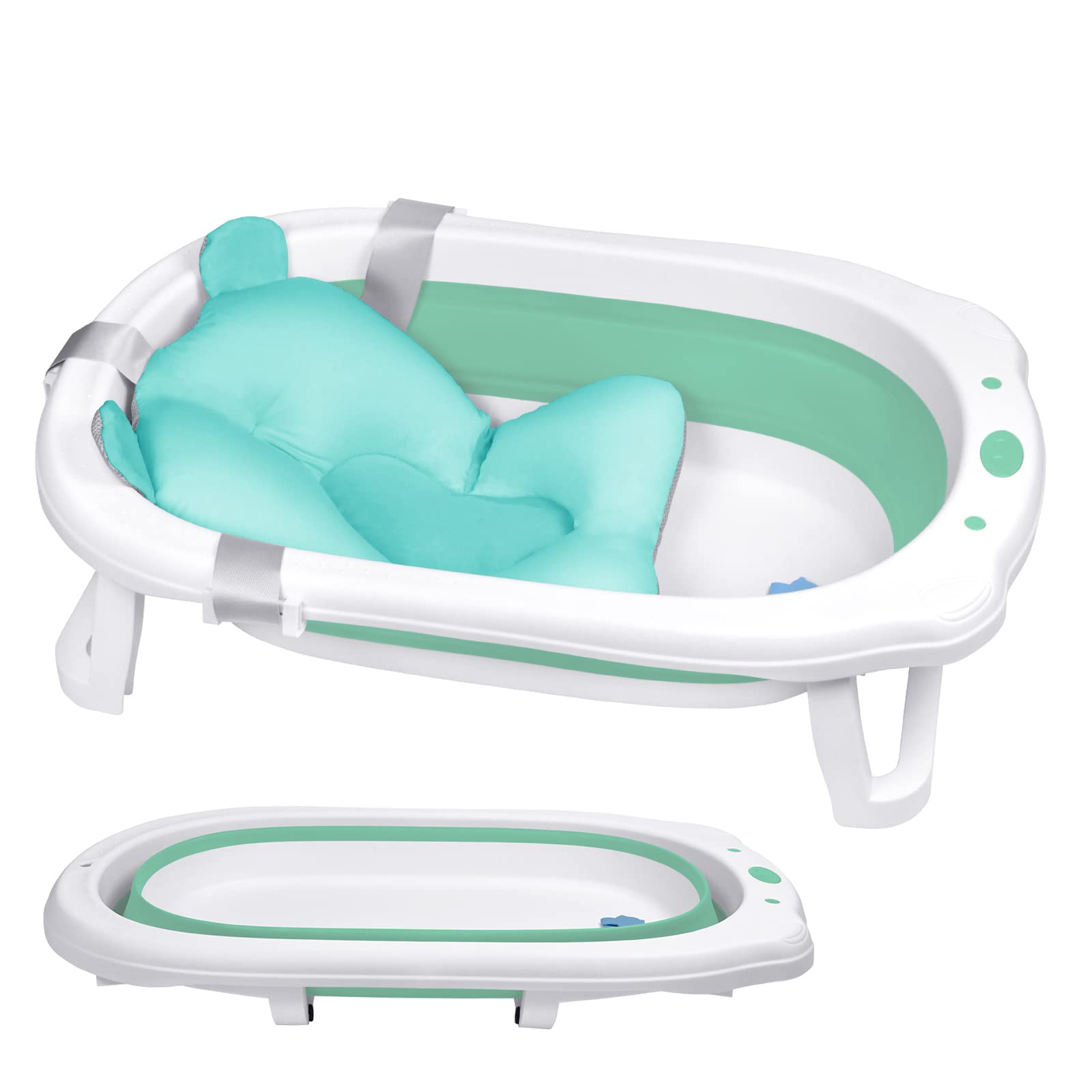 Vasca da bagno pieghevole per bambini e neonati, con tappetino antiscivolo e rete di sicurezza, salvaspazio (verde)