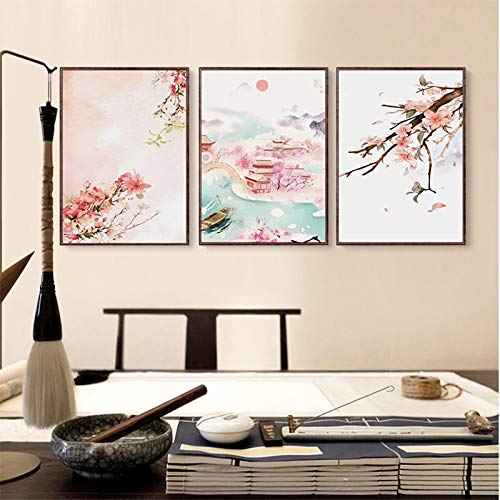 Toile fleurs de cerisier pour habiller un grand mur vide de salon sans cadre 3 pièces 60x80