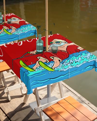 Surf Santa Outdoor Tablecloths with Umbrella Hole and Zipper, Summer Beach Christmas Nautical Red Waterproof/Stain Resistant Square Table Cloth 60x60 Patio Table Cover for Picnic/Party Baby Shower