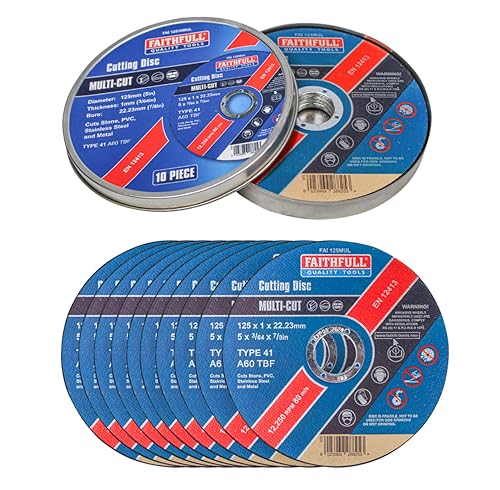 Faithfull Extra Thin 1mm Fast Cut Cutting Discs – 125mm x 1mm x 22.23mm (5 inch) Multi-Cut Disc, 10 Pack with Storage Tin